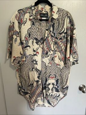 Vintage 90s Java Lava Distressed Batik Button Up Shirt Short Sleeve Cotton